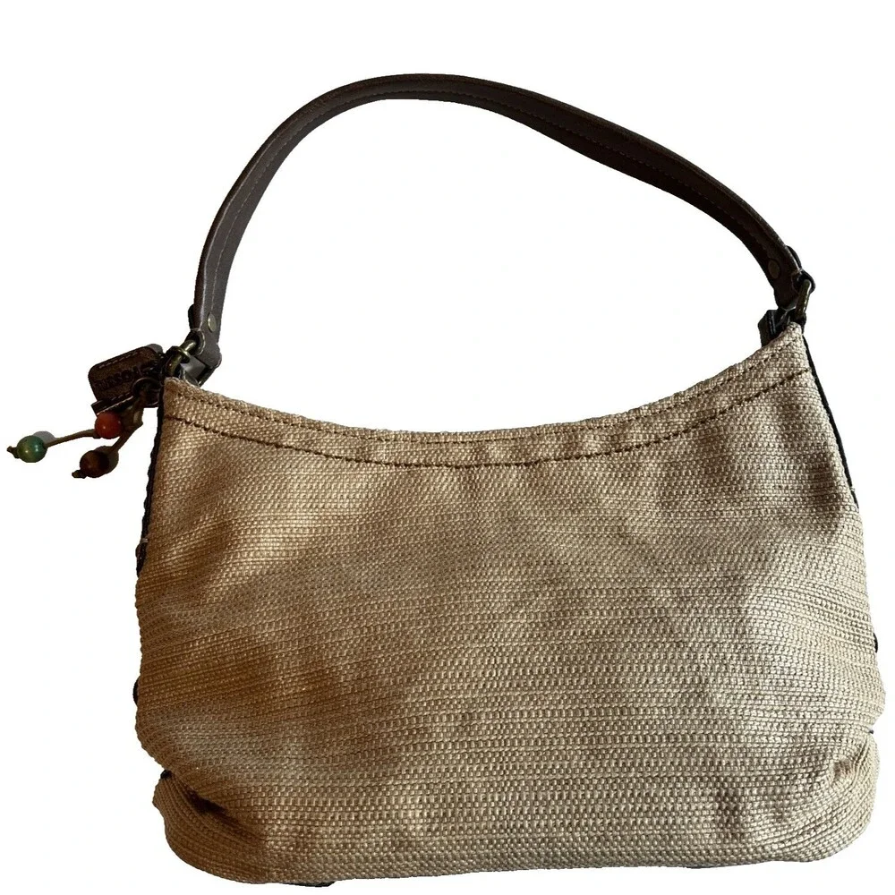 Fossil Straw Bag Genuine Classic Beige 3 Wood Beads Key Zippered Hobo Natural